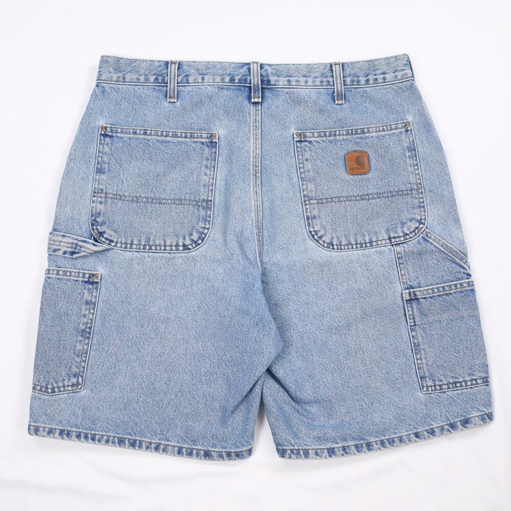 Vintage Carhartt B29 STW CRAZY Faded Blue Denim Carpenter Jean Shorts Size 34